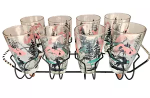 MCM Hazel Atlas Highball Glasses Stag Deer Mountain Forest Scene 8 with Caddy - Picture 1 of 10