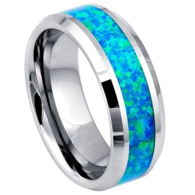 Anillo de tungsteno unisex sintético azul ópalo incrustación borde biselado anillo Foto 1 de 2