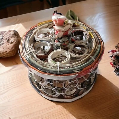 Coiled Paper Tramp Art Basket Lidded Vintage Trinket Box Handmade Pinwheel MCM - Image 1 of 4