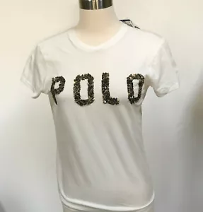 T-shirt donna Ralph Lauren logo paillettes manica corta bianco sporco taglia small - Foto 1 di 5
