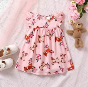 Baby Toddler Dress: Teddy Bear Rose Print Pink Girls Dress - Picture 1 of 8