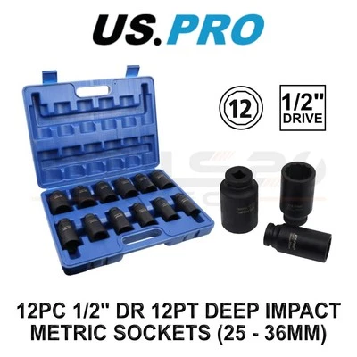 US PRO Tools 12pc Deep Impact Socket Set 25mm-36mm 1/2" Drive 12PT 7543
