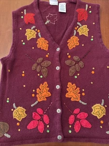 Vtg Bobbie Brooks Fall Leaves Maroon Beaded Sweater Vest Size L Autumn Theme - Picture 1 of 12