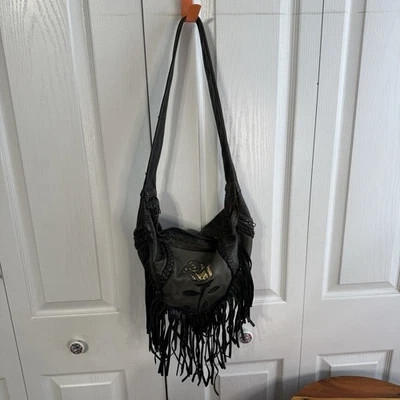 Y2K VTG Black Leather Fringe Rose Cutout Hobo Shoulder Bag Grunge 90s Moto  - Image 1 of 4