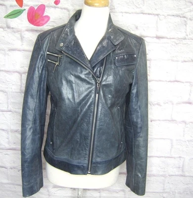 Laundry By Shelli Segal 100% Leather Moto Jacket Size L Distressed Denim Blue - Image 1 of 4