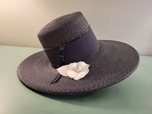 Mr. John Jr. Vintage Black Hat With White Flower Wide Brim - Picture 1 of 10