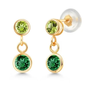 14K Yellow Gold Nano Emerald and Peridot Drop Dangle Earrings For Women (0.84 - Picture 1 of 4