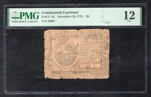 CC-16 NOVEMBER 29, 1775 $6 SIX DOLLARS CONTINENTAL CURRENCY NOTE PMG FINE-12 - Picture 1 of 2