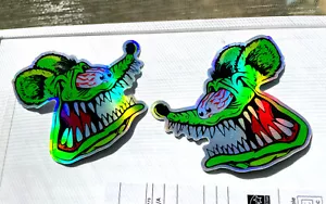 Rat Fink Hot Rod 3 pulgadas calcomanía holográfica premium pegatina paquete de 2 ventanas de coche - Imagen 1 de 7