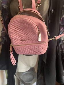 🩷MICHAEL KORS Rhea Mini Studded Leather Backpack Style Gold Studd Pink NWT $298 - Picture 1 of 13