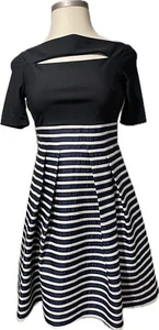 Kay Unger Womens Scuba Striped Tea Dress Black Blue Fit & Flare Size 10 PRISTINE - Picture 1 of 11