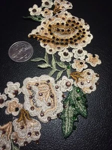 Brown Flowers Sew On Patch Acrylic Rhinestones Floral Plants 27cm x 10cm - Picture 1 of 12