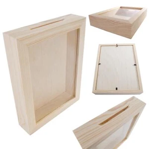 Caja de dinero de madera sin terminar cubierta de vidrio alcancía depósito de ahorro tarro puntas moneda - Imagen 1 de 10