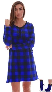 Womens Ultra-Soft Fleece Long Sleeve Nightgown w/Fuzzy Socks 3XL BlueBlack Plaid - Picture 1 of 4
