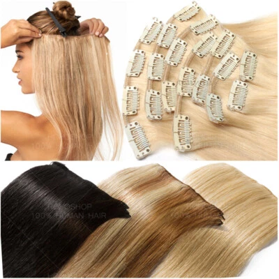 25CM-60CM Echthaar Clip In Remy Haar Extensions Haarverlängerung 8 Tressen Blond