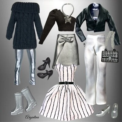 Eledoll Clothes BLACK WHITE SILVER Fashion Pack For 12” Doll ARGENTINA set