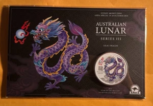 2024 Year Of Dragon Lilac Dragon 1oz Silver Coloured Coin In Card - Perth Mint - Bild 1 von 2