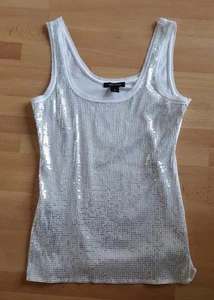 White House Black Market SEQUIN SILVER CAMI TANK TOP COTTON WHITE BLOUSE TUNIC M - Picture 1 of 4
