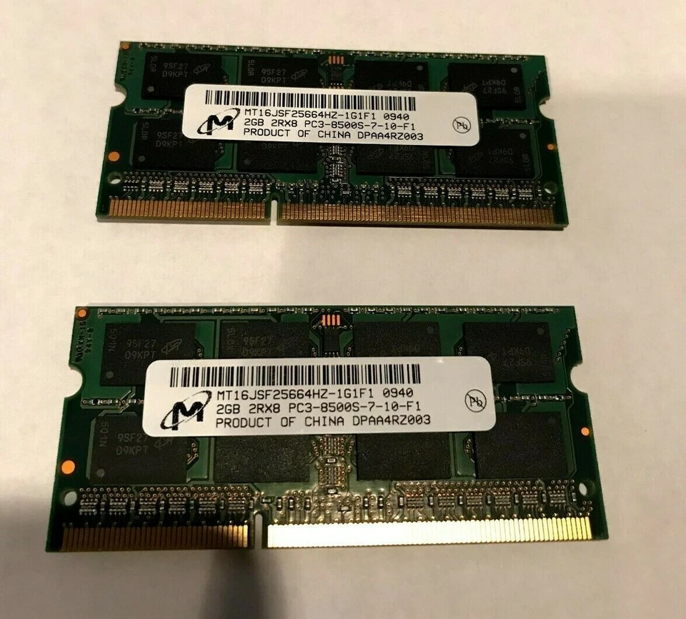 2x2GB Micron MT16JSF25664HZ-1G1F PC3-8500S-7-10-F1 DDR3-1066MHz SO-DIMM RAM iMac - Image 1 of 4