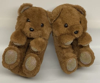Teddy Bear Brown Plush Slippers US Size M (8-9) - Image 1 of 4