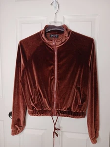 Women's Large Jacket Bomber Velvet Brown Pockets Zipper Drawstring Y2K Streetwea - Picture 1 of 10