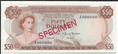 P32s 1968 SPECIMEN Bahamas 50 dollar note UNC (world lot) CV=$500 USD - Image 1 of 2