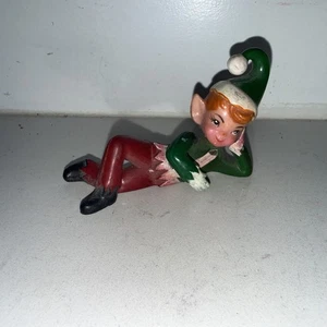 Vintage Christmas Relaxing Pixie Rubber Pixie Elf Figurine Green & Red - Picture 1 of 5