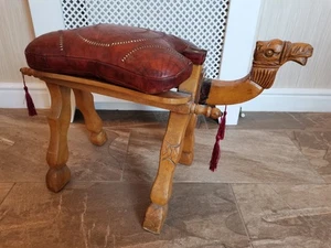 Vintage Hand-Carved Camel Footstool with Leather Cushion – Decorative Ottoman. - Picture 1 of 10