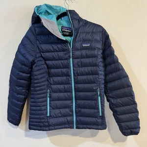 Patagonia Cappotto Piumino Maglione Felpa con Cappuccio Blu Navy Donna Taglia Media - Foto 1 di 4