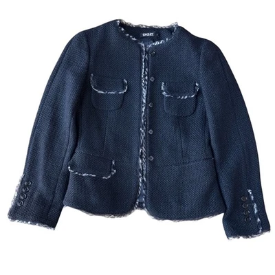 Blazer DKNY, para mujer, talla 2, tweed, mezcla de lana, ribete de flecos, forrado Foto 1 de 4