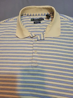 Camisa polo de golf a rayas de colección TEHĀMA para hombre talla LG 100 % algodón Pima amarillo azul  Foto 1 de 4