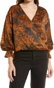 £189 Auth All Saints Blouse, Brown Penny Grizedale Cat Print Wrap Front Blouse - Picture 1 of 17