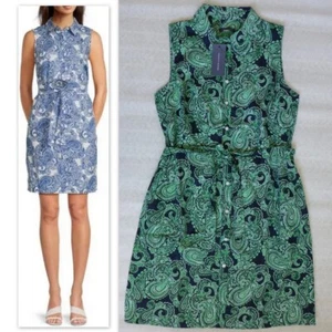 NWT TOMMY HILFIGER Paisley Cotton Belted Sleeveless Shirt Dress w/pockets GREEN - Picture 1 of 12