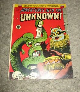 Adventures Into The Unknown 34 CLASSIC SKULL HEAD SNAKE 1952 ACG Lazarus Cameron