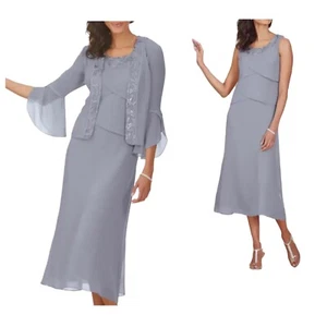 Größe 16 grau Georgette Midi MIDMIGHT SAMT Cocktail formell Jacke Kleid Anzug - Bild 1 von 19