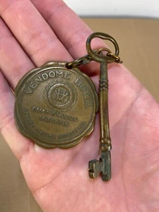 Vintage Antique Brass Hotel Motel Skeleton Key Chain Fob Evansville Indiana - Picture 1 of 6