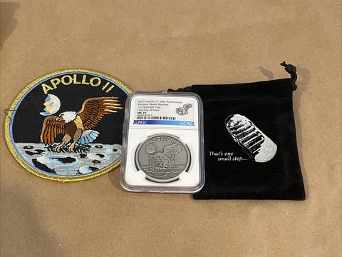 2019 Apollo 11 50th Anniv 1oz Silvered Clad Robbins Medal Restrike NGC MS70 Cover