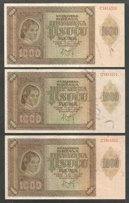 Croatia 1000 Kuna 26.5.1941; UNC; P-4, BNB-B104a; Lot of 3 consecutive serial # - Image 1 of 2