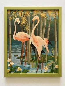 RARE VINTAGE 1950'S ART DECO PAINT BY NUMBER "FLAMINGOS" CUSTOM FRAMED PAINTING - Picture 1 of 12