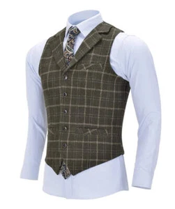 Men's Plaid Wool Vest Slim Fit Army Green Single-breasted Waistcoat for Wedding - Picture 1 of 22