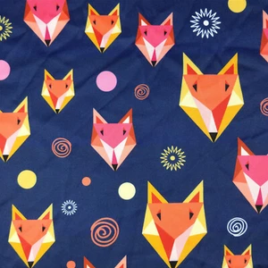 Geometric Fox Jersey Fabric Scuba Stretch Spandex Navy Kids Print Metre FS273 - Picture 1 of 10
