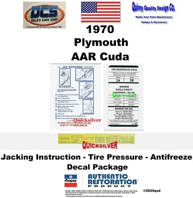 Plymouth AAR 1970 Cuda Jacking Instr prensa de neumáticos anticongelante paquete de calcomanías MoPar EE. UU. Foto 1 de 2