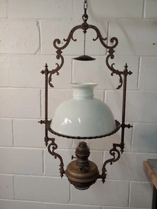 Victorian Brass Pendant Ceiling Oil Lamp with Milk Glass Shade dated 1895 - Picture 1 of 23