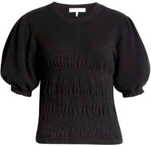 NEW FRAME Women’s Smocked Puff Sleeve Cashmere Sweater in Black L #S5437 - Picture 1 of 9