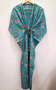 Blue Pink Kaftan Maxi Dress Women Floral Print Long Gown Loungewear FREESHIPPING - Picture 1 of 7