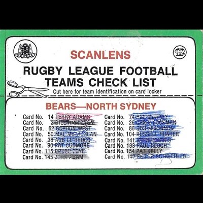 1978 Scanlens Rugby League NRL Card North Sydney Marked Checklist - image 1 of 2