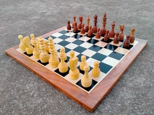 Indian 15"x15" Wooden Flat Chess Board Game With Hand Carving Chess Pieces Set - Picture 1 of 9