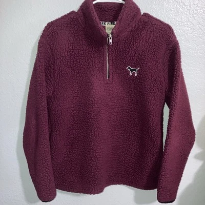 Pink Victorias Secret Sherpa Boyfriend 1/4 Zip Mock Neck Jacket Maroon Sz XS - Image 1 of 4