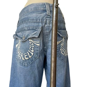 True Religion Jeans Men's Size 32 Y2K Logo Spell Out Patchwork Straight Cut Leg  - Picture 1 of 7