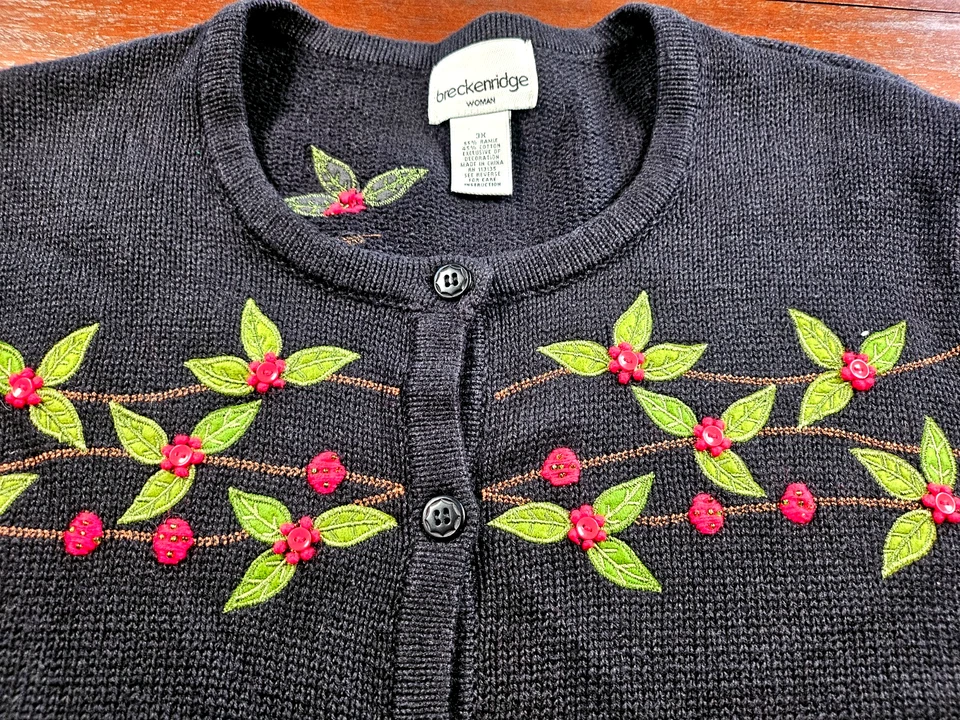 Vintage Embroidered Holly Berry Christmas Button Down Black Cardigan 3 XL - Image 1 of 4